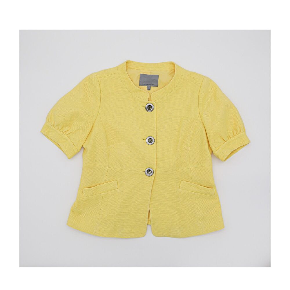 Yellow Cotton Button Down Short Sleeve Collared Office Blouse Work Top Womens L